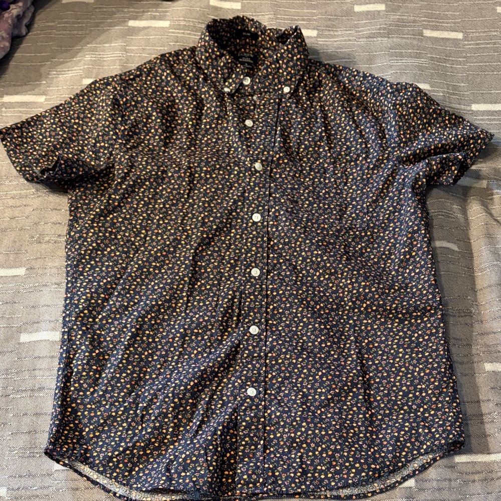 J. Crew Navy Short-Sleeve Button-Down with Small Floral Print